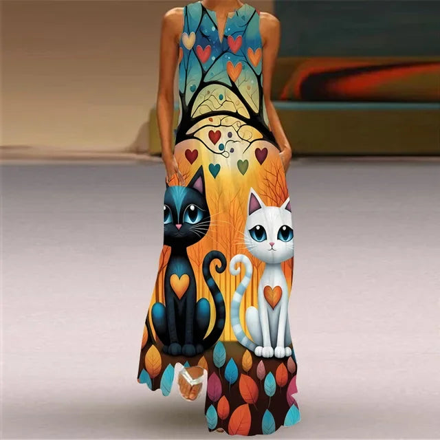 Women’s Retro V-Neck Summer Dress - Sleeveless Printed Maxi Swing Skirt with Loose Comfortable Fit