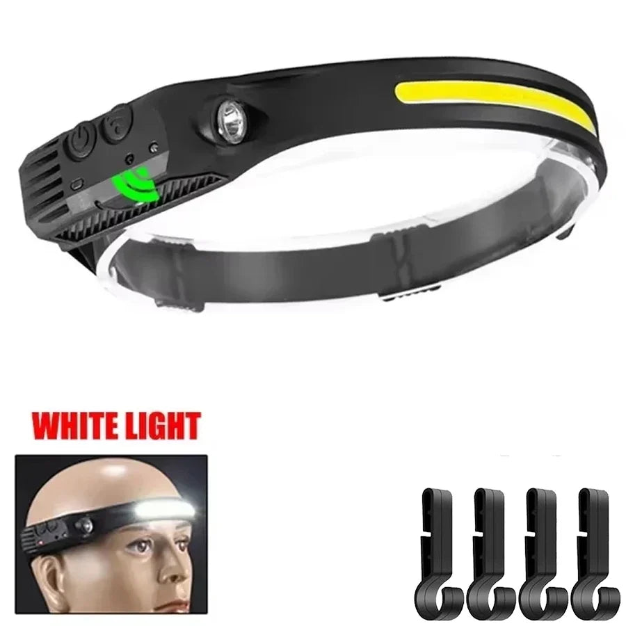 USB Rechargeable LED Sensor Headlamp - XPE + COB Head Torch Flashlight for Camping, Fishing & Outdoor Search Lighting