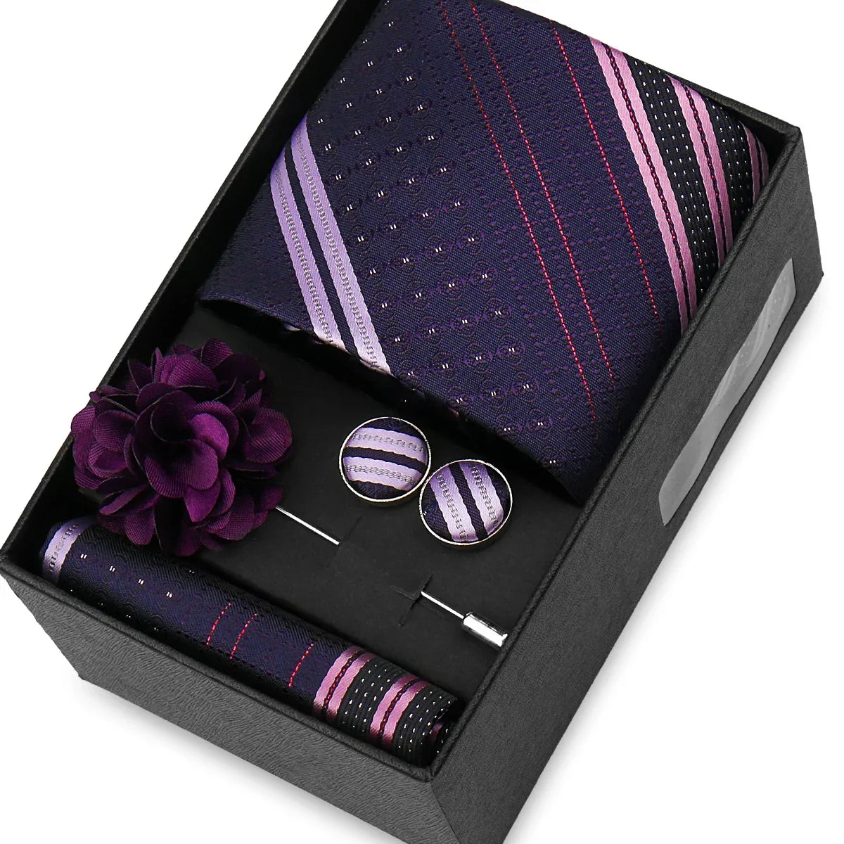 Elegant Men’s Necktie Gift Set - Fashion Tie with Handkerchief, Cufflinks & Brooch Pin Accessories for Business & Wedding