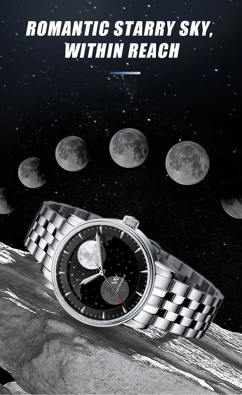 WM Welly Merck Automatic Mechanical Men's Watch — Lunar Moon Phase, Sapphire, Waterproof, Luminous Twin Moons WM142