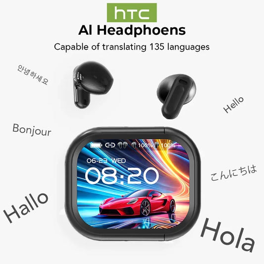 HTC NE20 Bluetooth 6.0 AI Translator Earbuds – Wireless Sport Headphones with LCD Touch & HD Stereo