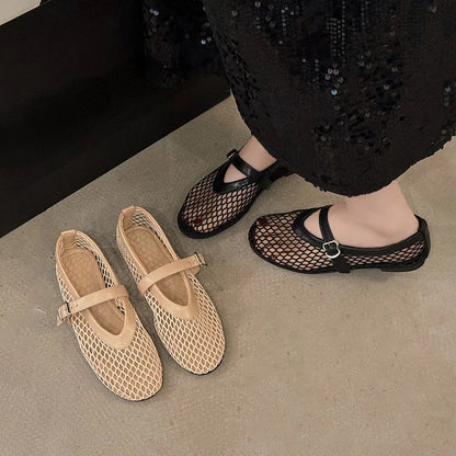 Summer Women’s Flats – Round Toe Cut-out Mary Jane Shoes with Straight Buckles, Casual Fishnet Single Shoes for Comfort