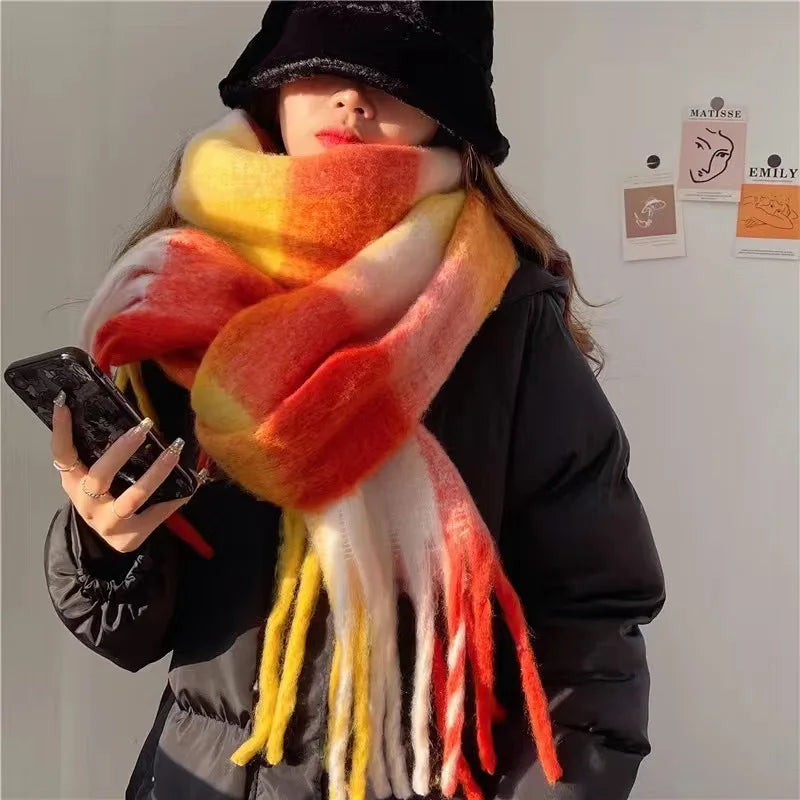 2025 Women's Winter Thick Cashmere Scarf – Warm Pashmina Shawl with Rainbow Tassels & Wraps