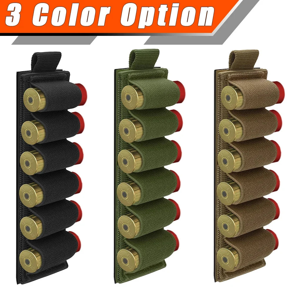 12 Gauge Shotgun Shell Holder - 6 Round Elastic Ammo Carrier with Hook & Loop Mount