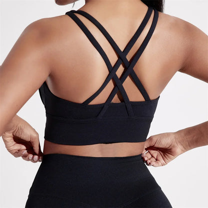 Women’s Cross Back Sports Bra - High Support Fitness Yoga Training Top with Removable Chest Pads