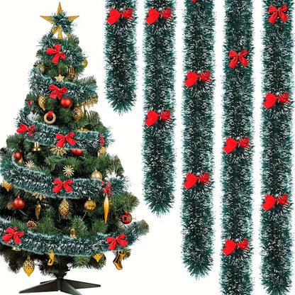 Christmas Bow Tinsel Ribbon Garland – Green Ribbon for Tree, Wreath & Holiday Decor