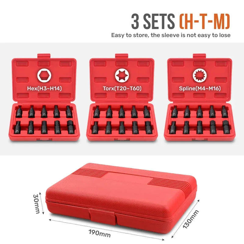 Hi-Spec 10PC 3/8-Inch Drive Socket Set - Torx, Hex & Spline Auto Repair Tool Kit with Red Case