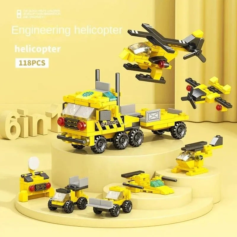 6-in-1 Police Truck Mech Dinosaur Building Blocks - Tank, Helicopter & Fire Truck Educational Toy
