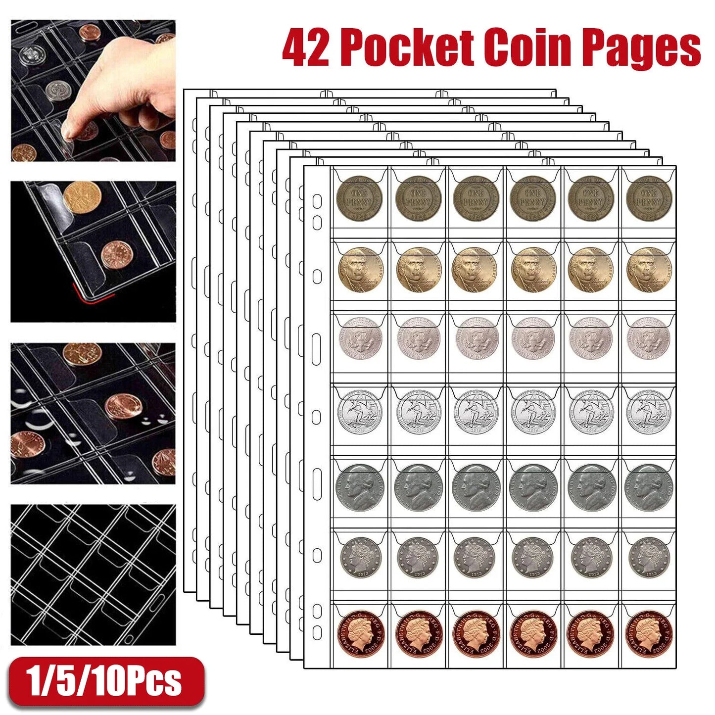 42 Pocket Coin Collection Pages - 9 Hole Coin Sleeves for Collectors, Stamps, Badges & Hobby Storage