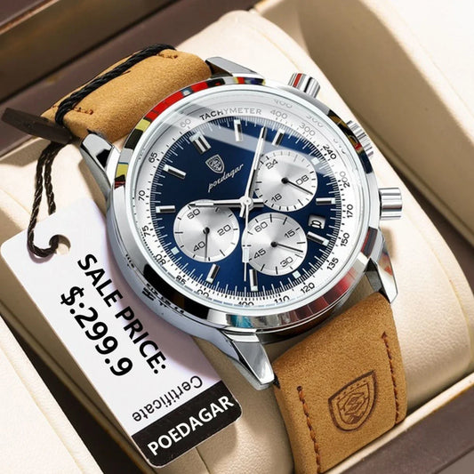POEDAGAR Men's Luxury Sports Watch – Genuine Leather, Chronograph, Waterproof, Luminous Quartz Wristwatch