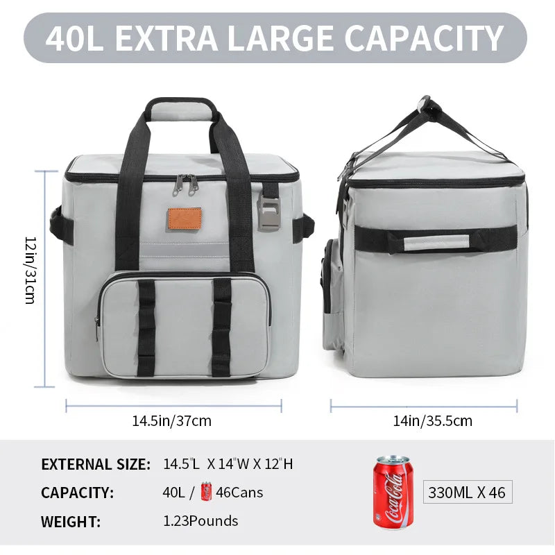 40L Thermal Food Carrier Bag – Large Insulated Cooler Tote with Zipper, Portable Leakproof Picnic Bag for Camping and Beach