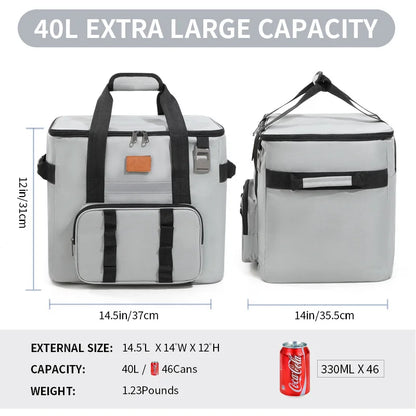 40L Thermal Food Carrier Bag – Large Insulated Cooler Tote with Zipper, Portable Leakproof Picnic Bag for Camping and Beach