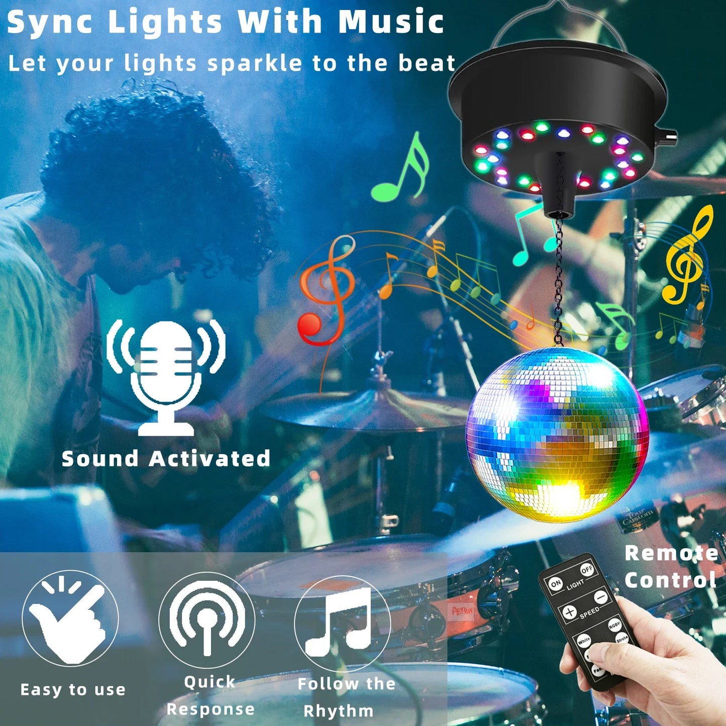 RGBW Disco Ball Motor with Remote - Adjustable 5-10RPM Mirror Ball Spinner with Multi-Mode LED Lighting