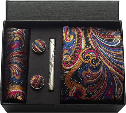 100% Silk Paisley Floral Necktie Set for Men - Premium Business Tie with Pocket Square Tie Clip Cufflinks Gift Box