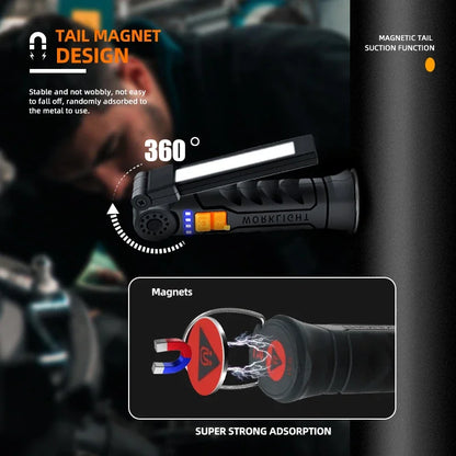 Portable COB LED Work Light - USB Rechargeable Magnetic Flashlight Camping Lantern with Hanging Hook