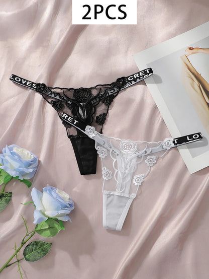 2PCS Lace Thong Underwear Set - Sexy Ladies Black & White Floral Embroidered Panties for Women