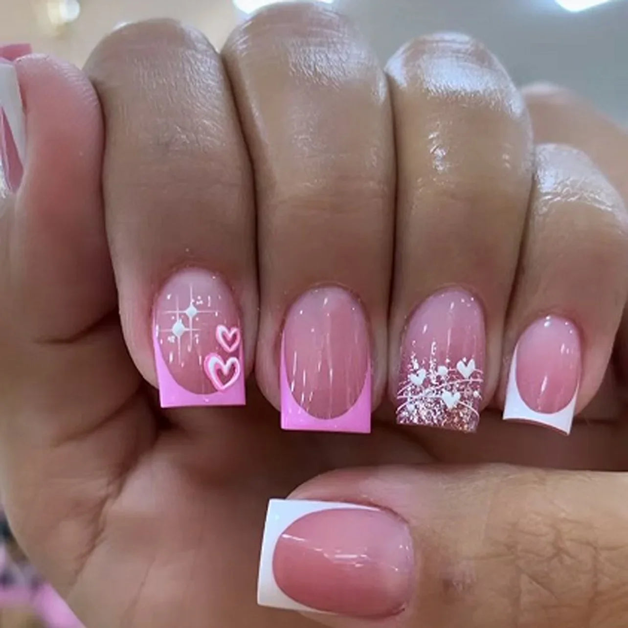 24PCS Short Press On Nails - Shimmer Ballet French Full Cover Artificial Nail Tips for Daily Manicure Style