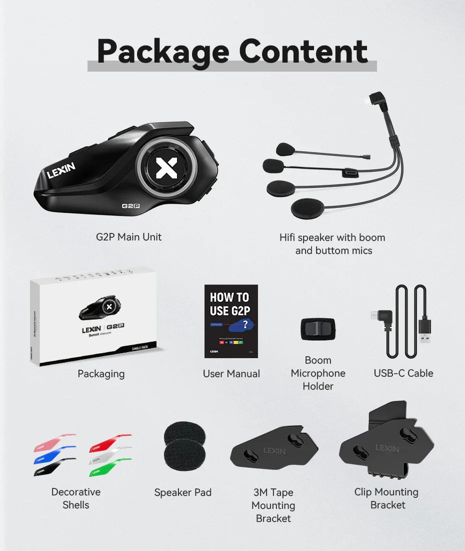 Lexin G2P Motorcycle Helmet Bluetooth Intercom – Hands-Free Communicator for Up to 6 Riders with FM Radio