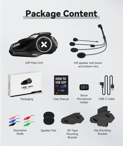 Lexin G2P Motorcycle Helmet Bluetooth Intercom – Hands-Free Communicator for Up to 6 Riders with FM Radio