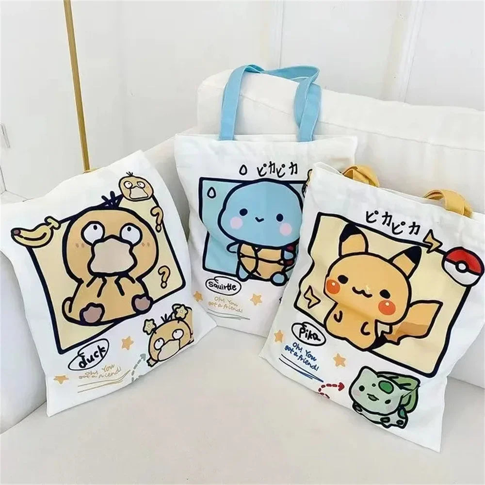 Anime Pokémon Canvas Shoulder Bag – Pikachu, Psyduck, Squirtle Casual Handbag for Women, Reusable Large Shopping Tote