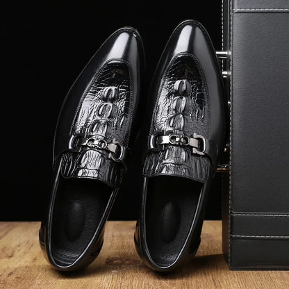 Men's Crocodile Grain Leather Loafers - Slip-On Business Office Wedding Party Dress Shoes with Buckle Flats