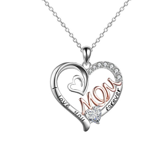 Love Heart Mom Pendant Necklace - Elegant White K-Plated Jewelry Gift for Mother’s Day & Special Moments