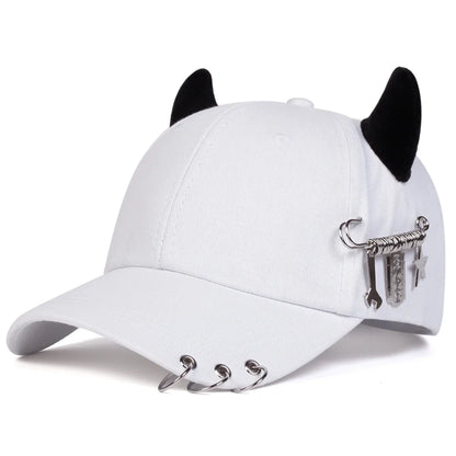 Unisex Cow Horn Baseball Cap - Personality Iron Ring Design, Adjustable Casual Outdoor Sun Hat for Spring & Autumn