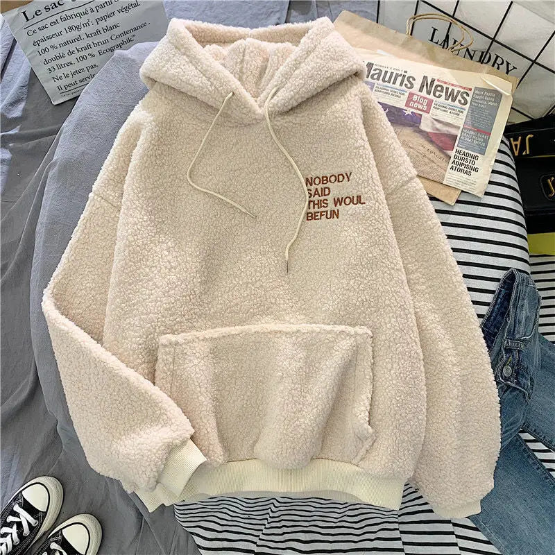 Women's Warm Fluffy Hoodie - Autumn Winter Lamb Wool Fleece Pullover Sweatshirt with Letter Print