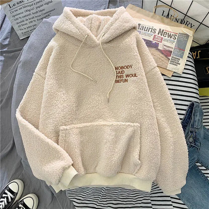 Women's Warm Fluffy Hoodie - Autumn Winter Lamb Wool Fleece Pullover Sweatshirt with Letter Print