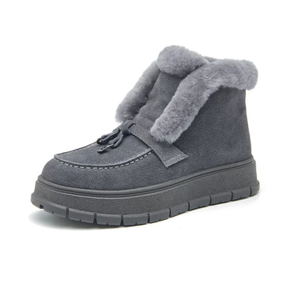 BEAUTODAY Women’s Winter Snow Boots - Cow Suede Platform Boots with Warm Fur, Round Toe & Handmade Sewing Design