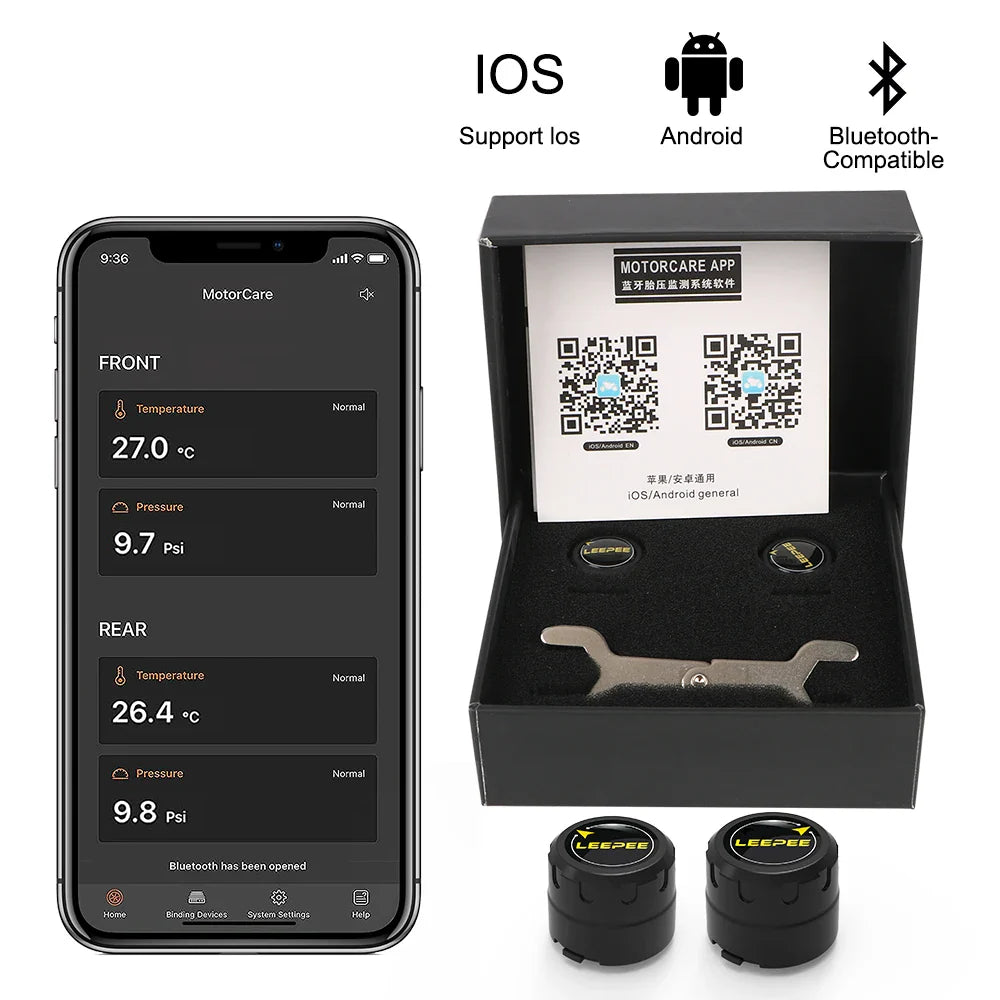 Motorcycle TPMS Bluetooth 4.0/5.0 Tire Pressure Monitoring System – 2 Sensors Pit Bike Tyre Tester Diagnostic Set