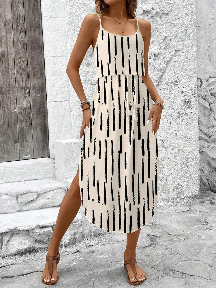 Women’s Summer Spaghetti Strap Dress - Sleeveless Flowy Casual Maxi Dress with Belt & Side Slit