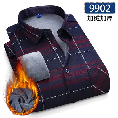Men’s Fleece Plaid Shirt - Warm Thick Long Sleeve Business Check Shirt with Single Pocket for Autumn & Winter