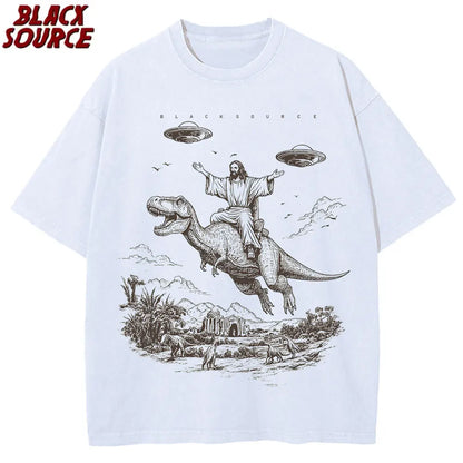 Cartoon Dinosaur Print T-Shirt - Vintage Washed Distressed Unisex Fashion Tee for Women Students and Casual Wear