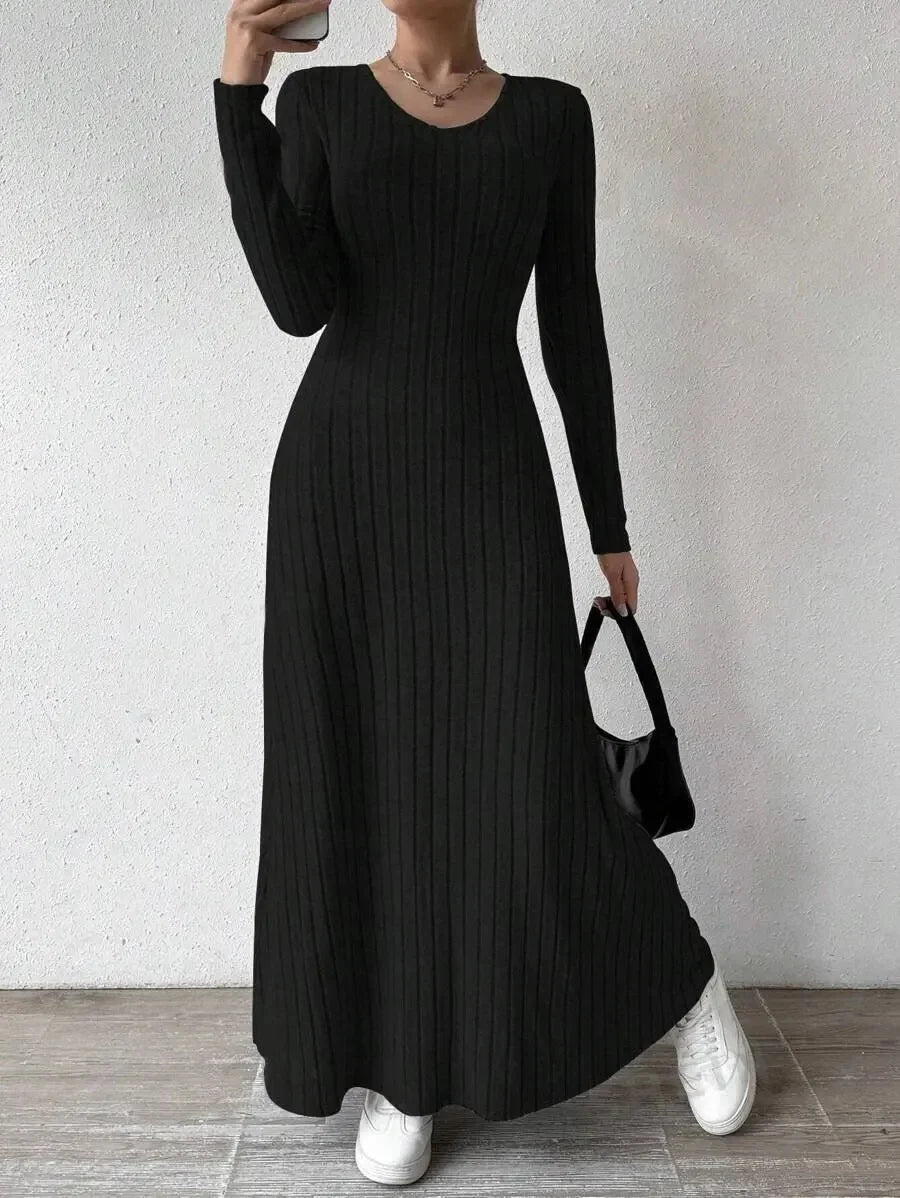 Knitted Long Sleeve A-Line Dress - Women's Slim Fit Solid Color Streetwear Maxi Dress with Elegant Silhouette