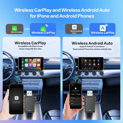 Wireless CarPlay Adapter – 2-in-1 Android Auto Smart Dongle for Volvo, Benz, Cadillac, Jeep, Lexus, Buick, Audi, Mazda, VW, Kia