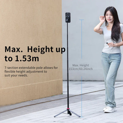Ulanzi MT-84 Selfie Stick Magnetic Tripod - 1.53M, Wireless Bluetooth Remote, Phone Extension for Live Streaming & Vlogs