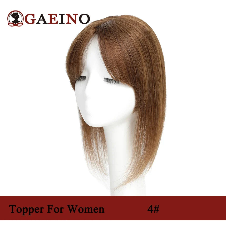 Straight Human Hair Topper With Bangs - Silk Base Clip In Real Hair Extension For Women Chocolate Brown Light Brown