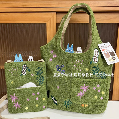 Cartoon Cat Embroidered Lamb Plush Handbag – Cute One-Shoulder Messenger Bag for Mobile Phone & Daily Use