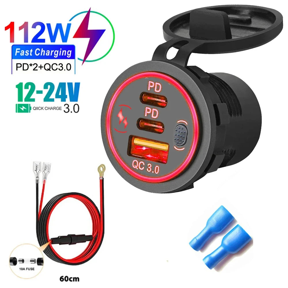 78W Dual USB C Car Charger Socket - PD3.0 & QC3.0 Fast Charging Adapter with LED Touch Switch for 12V/24V Vehicles