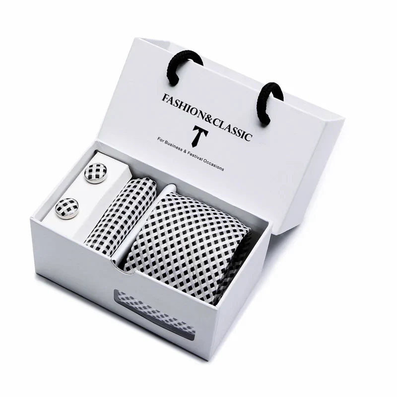 Black Paisley Tie Set - Men's Necktie, Pocket Square & Cufflinks Gift Box for Weddings & Formal Wear