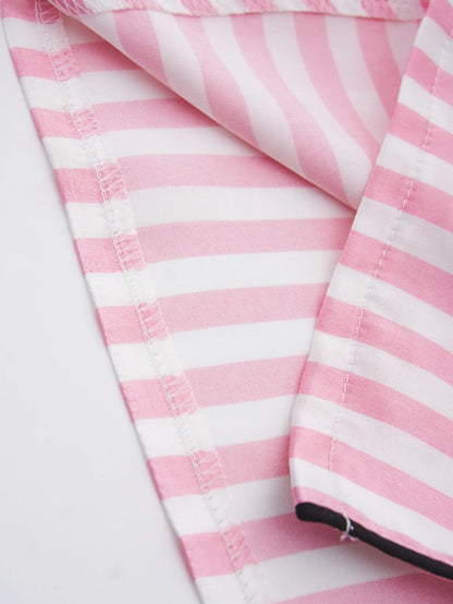 Classic Striped Satin Pajama Set – Short-Sleeve Top with Pocket & Long Pants Sleepwear with Lapel Collar