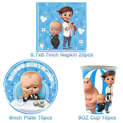 Cartoon Boss Baby Birthday Party Set - Disposable Tableware, Backdrop & Balloons for Kids Baby Shower Decor