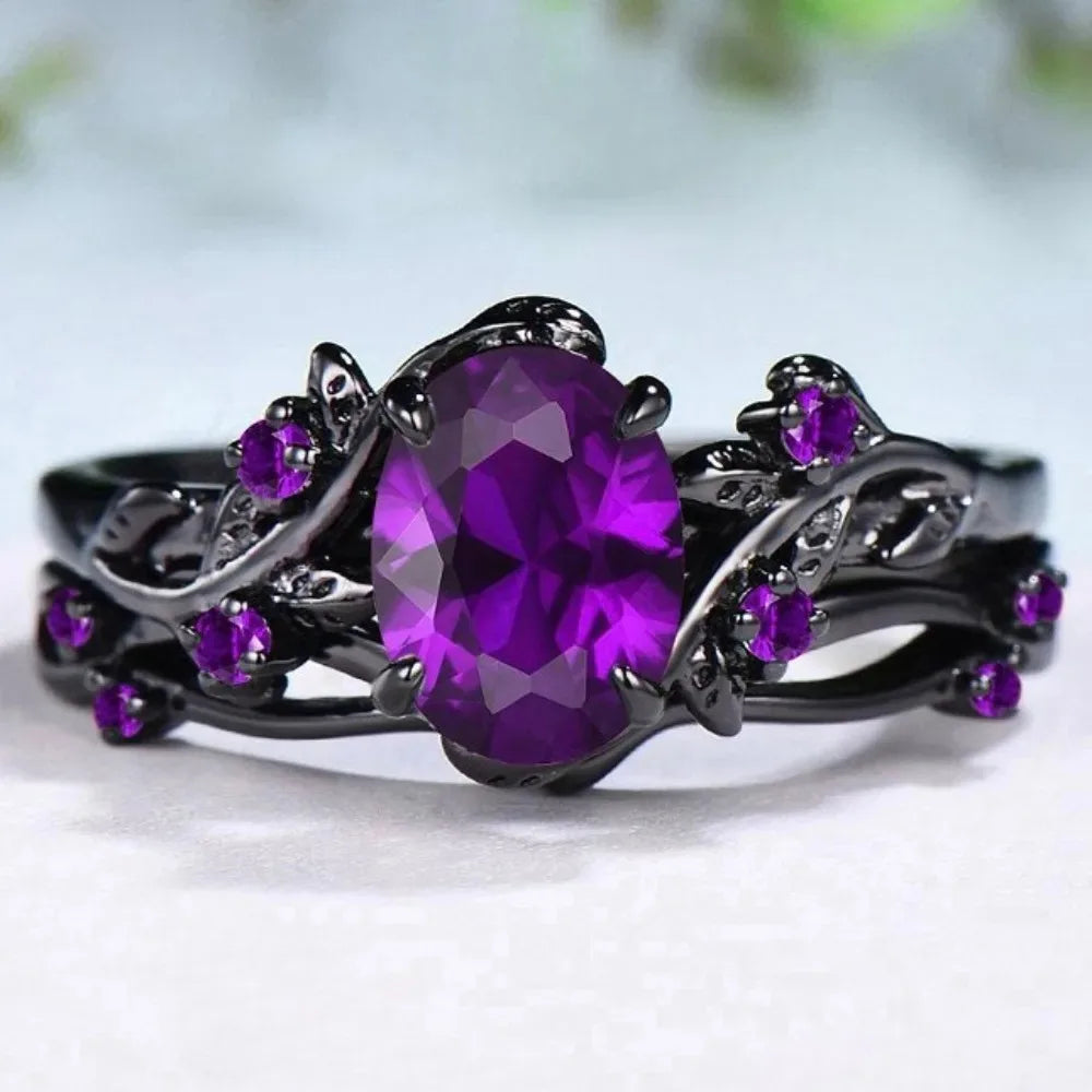 Couple Celtic Dragon Rings Set - Purple Rhinestone CZ Stainless Steel Wedding Jewelry for Men & Women