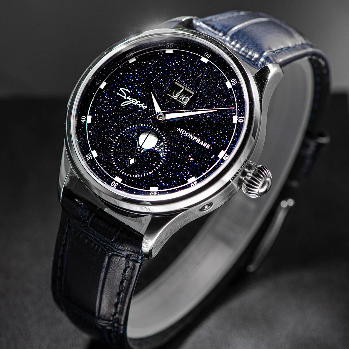 Sugess Moonphase Men’s Automatic Mechanical Watch — 40MM Stainless Steel with Seagull ST2528 Movement and Blue Sandstone Dial
