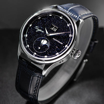 Sugess Moonphase Men’s Automatic Mechanical Watch — 40MM Stainless Steel with Seagull ST2528 Movement and Blue Sandstone Dial