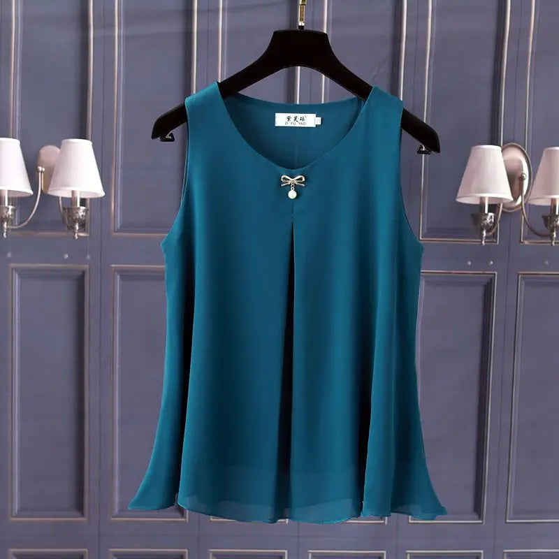 Women's Chiffon V Neck Blouse - Loose Sleeveless Plus Size Fashion Top M-5XL