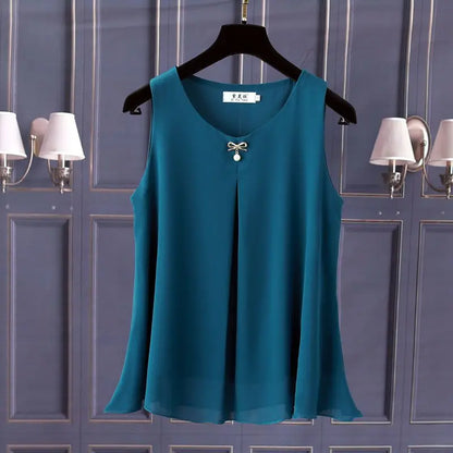 Women's Chiffon V Neck Blouse - Loose Sleeveless Plus Size Fashion Top M-5XL