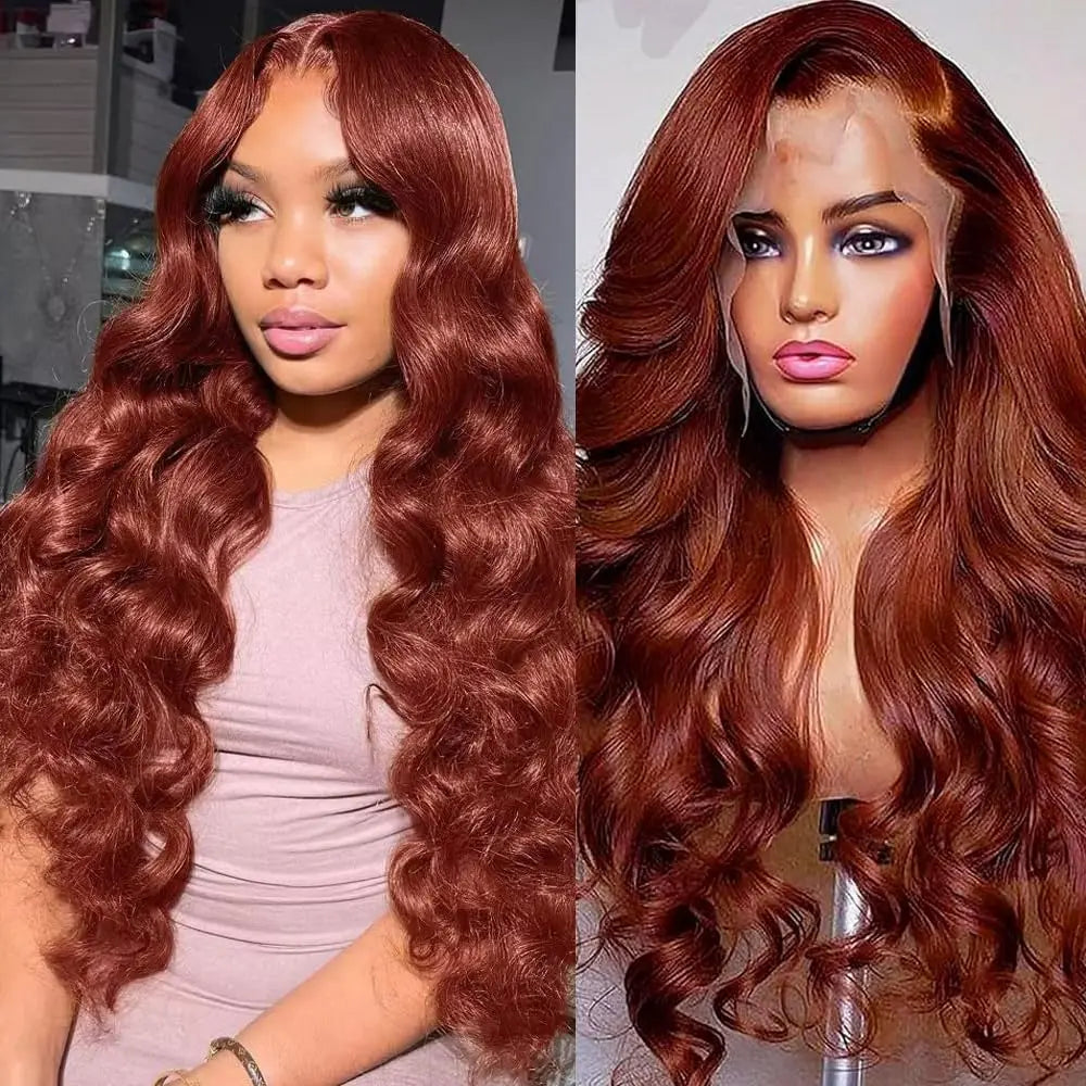 Reddish Brown 13x6 Lace Front Wig – Pre-Plucked 180% Density Body Wave, Auburn Colored Human Hair Lace Frontal Wig