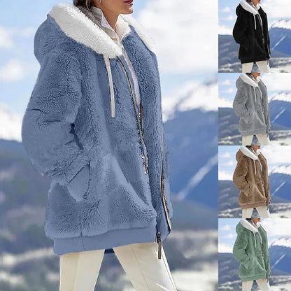 Autumn Winter Women's Hooded Coat – Casual Zipper Cashmere Fleece Jacket Solid Color Ladies Outerwear